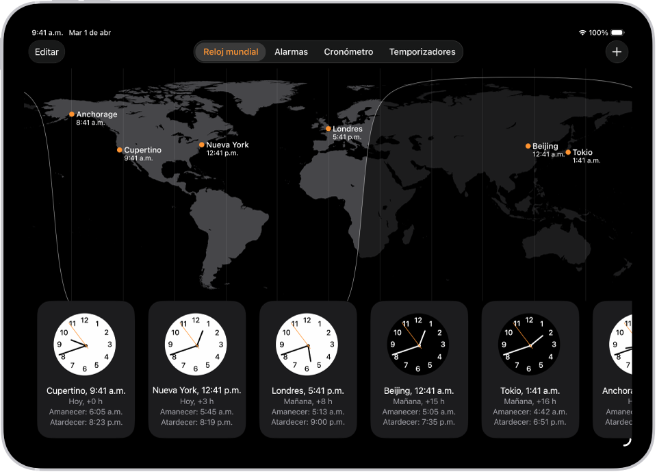 La pestaña Reloj mundial mostrando la hora en varias ciudades. El botón Editar cerca de la esquina superior izquierda te permite reordenar o eliminar relojes. El botón Agregar cerca de la esquina superior derecha te permite agregar más relojes. Los botones Reloj mundial, Alarma, Cronómetro y Temporizadores están en la parte inferior.