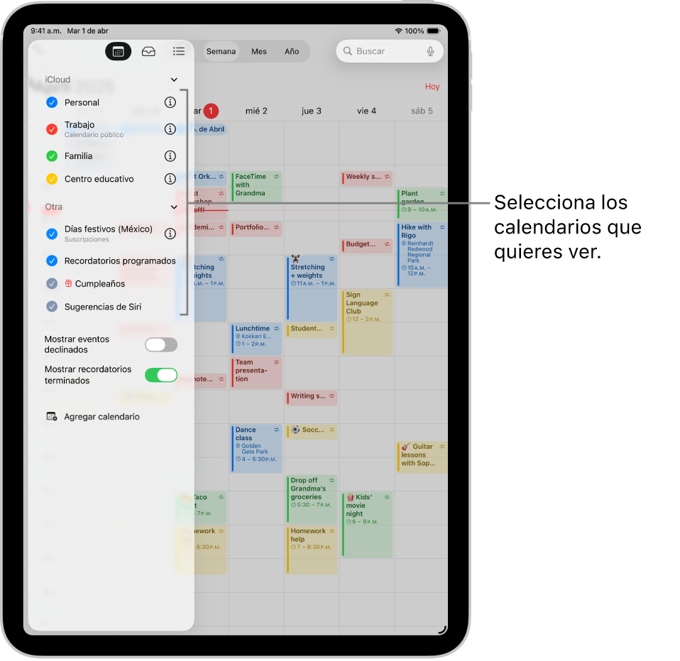 La lista de calendarios indica qué calendarios están activos mediante una marca de verificación. El botón Listo para cerrar la lista en la esquina superior derecha. El botón Agregar calendario está en la esquina inferior izquierda.
