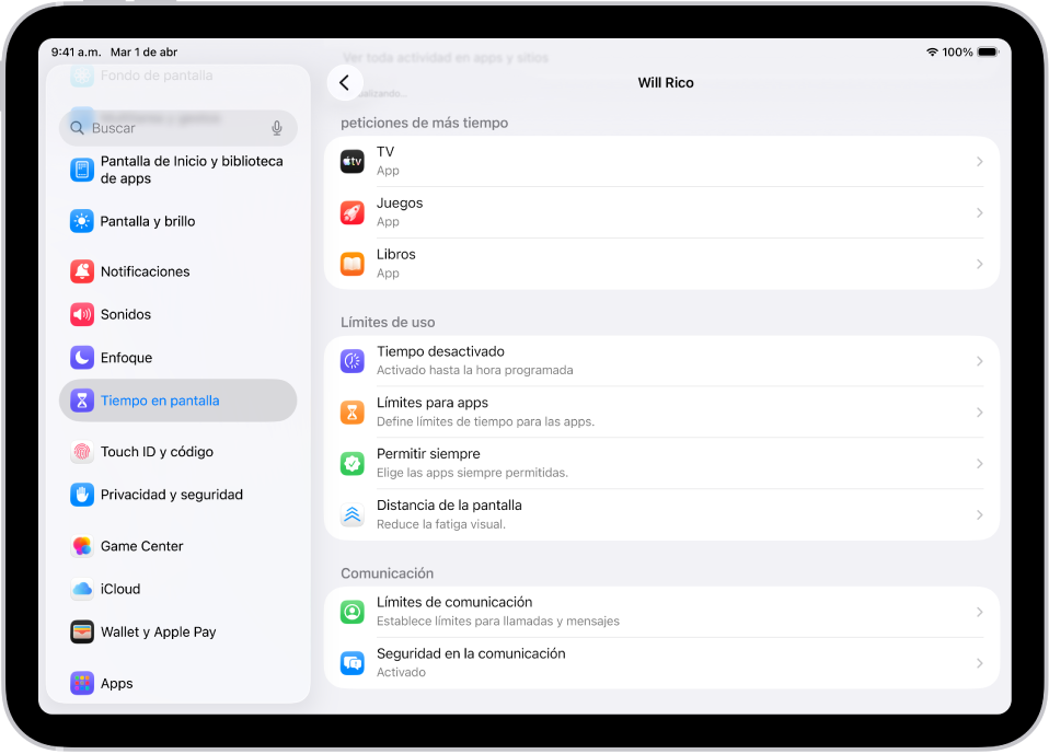 La pantalla para un menor de un grupo de Compartir en Familia que muestra una sección para las solicitudes de más tiempo.