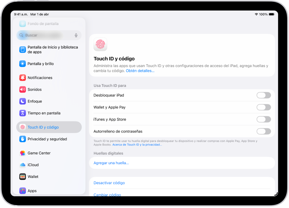 Una pantalla muestra el panel de configuración Touch ID y código con opciones para agregar una huella y activar el código.