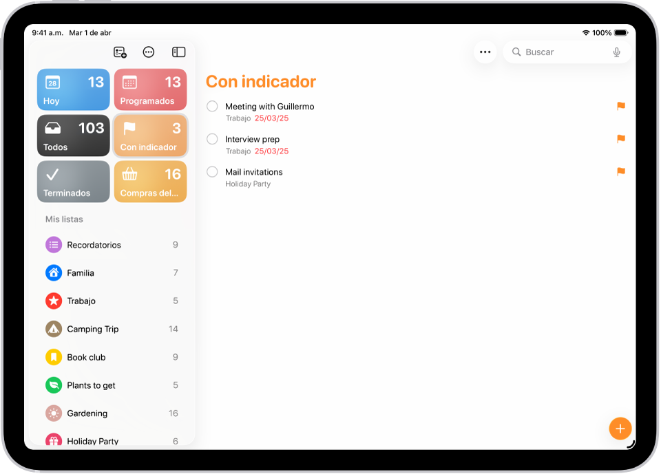 Una pantalla de Recordatorios mostrando una lista inteligente que incluye todos los elementos con indicador.
