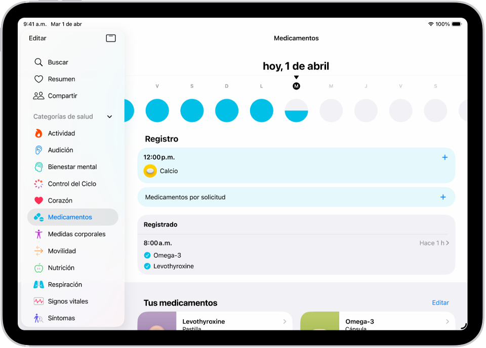 La pantalla de Medicamentos en la app Salud mostrando una fecha y un registro de medicamentos.