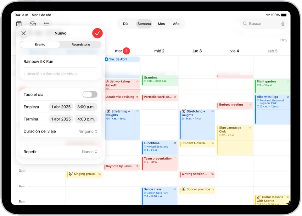 Un calendario en vista semanal que muestra la ventana para crear un evento.