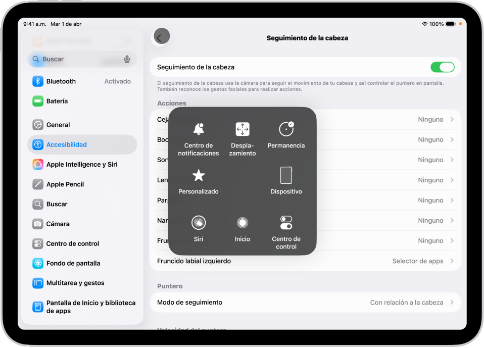 Un iPad con el seguimiento de cabeza activado. El menú de AssistiveTouch muestra los controles Centro de notificaciones, Desplazamiento, Permanencia, Dispositivo, Centro de control, Inicio, Siri y Personalizado.