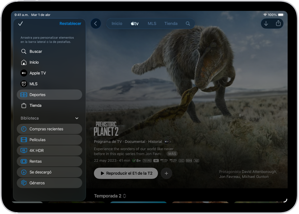Un iPad con opciones para editar la barra de pestañas de la parte superior de la pantalla.