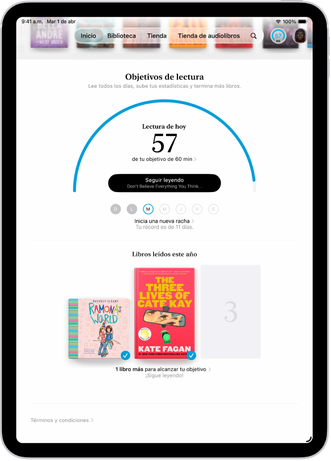 La pantalla Objetivos de lectura muestra estadísticas del usuario, como la lectura de hoy, su registro de lectura de la semana y los libros que ha leído este año.