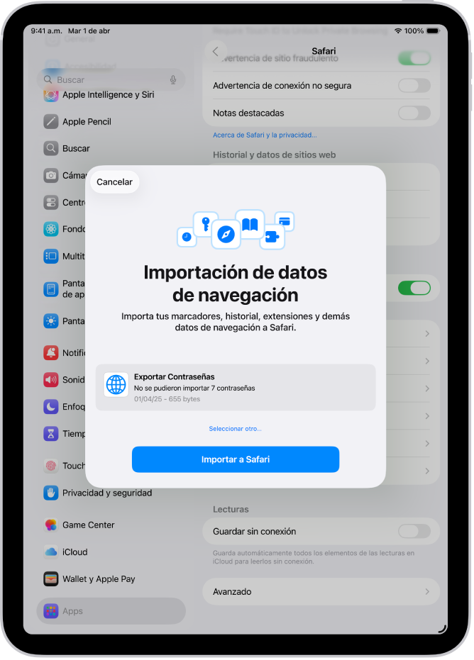 La pantalla Importar datos de navegación muestra el archivo CSV de contraseñas de otro administrador de contraseñas que se va a importar.
