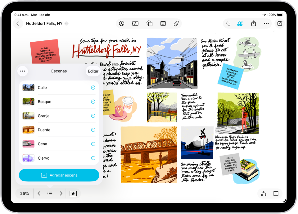 Un pizarrón de la app Freeform con el navegador de escenas abierto y varias escenas guardadas.