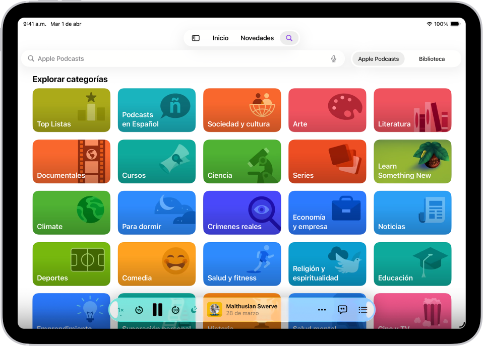 La pantalla de Buscar de la app Podcasts mostrando las categorías de podcasts. En la parte inferior de la pantalla se encuentran los botones Retroceder, Pausar, Avanzar y Temporizador, la ilustración del episodio, el título del episodio, el botón Más y el botón Ver transcripción.