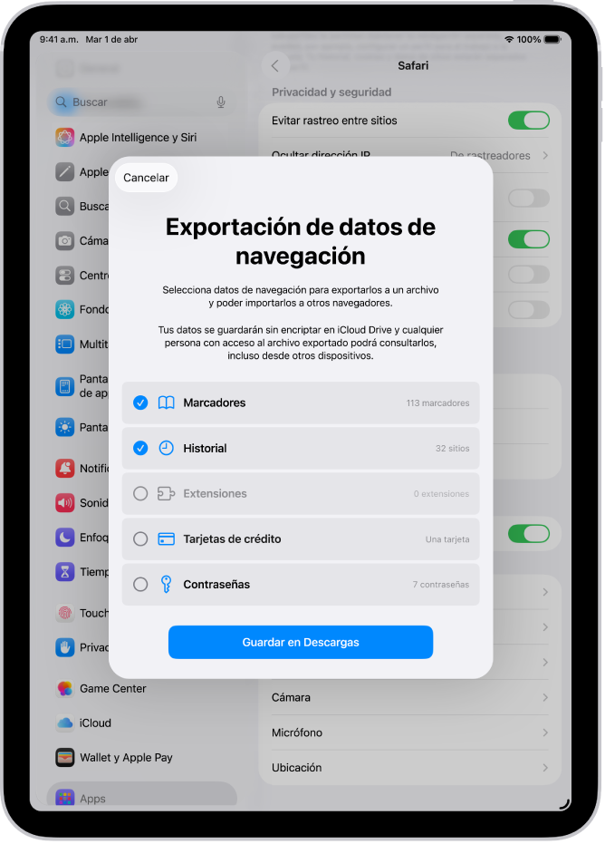 La pantalla Exportar datos de navegación muestra los datos que puedes exportar de Safari a otro navegador.