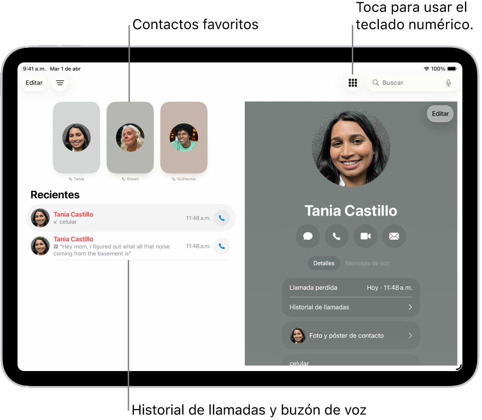La app Teléfono con la pantalla Favoritos en el lado izquierdo de la pantalla. Debajo de los favoritos está una lista de llamadas recientes y mensajes de voz. La información de contacto aparece en la parte derecha de la pantalla, con el botón Teclado en el área superior derecha de la pantalla.