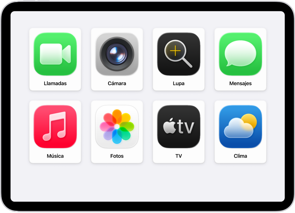 Un iPad mostrando la pantalla de inicio del acceso asistido con una cuadrícula grandes de apps.