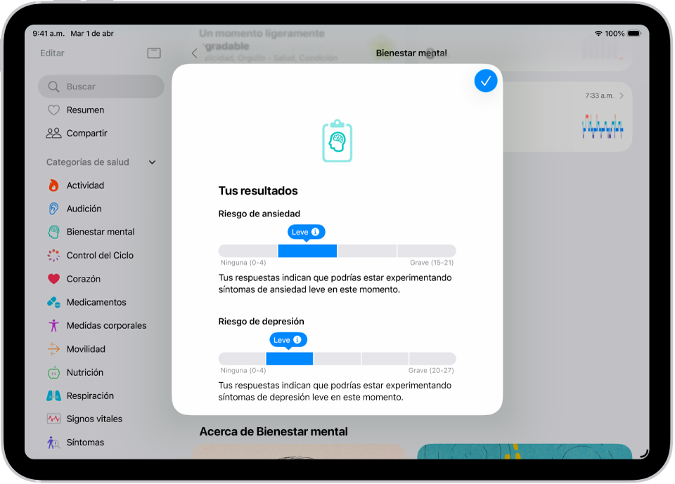 Una pantalla en la app Salud mostrando resultados de un cuestionario de salud mental.