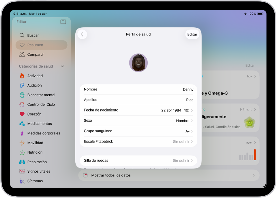 La pantalla Perfil de salud, que incluye campos para el nombre, la fecha de nacimiento, el sexo, el grupo sanguíneo y otros tipos de información.