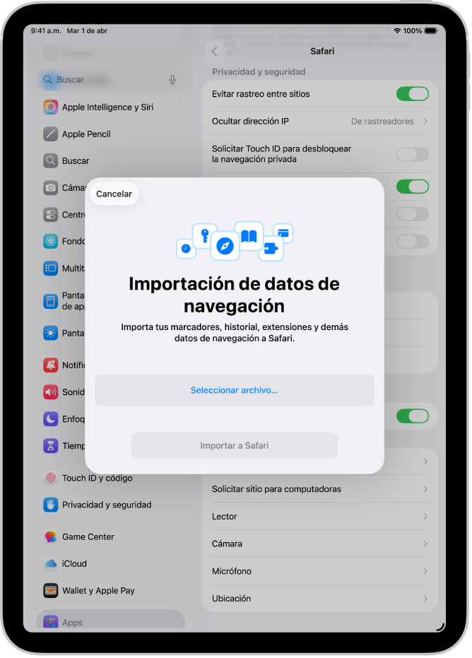 La pantalla Importación de datos de navegación muestra los datos de otro navegador que se importarán a Safari.