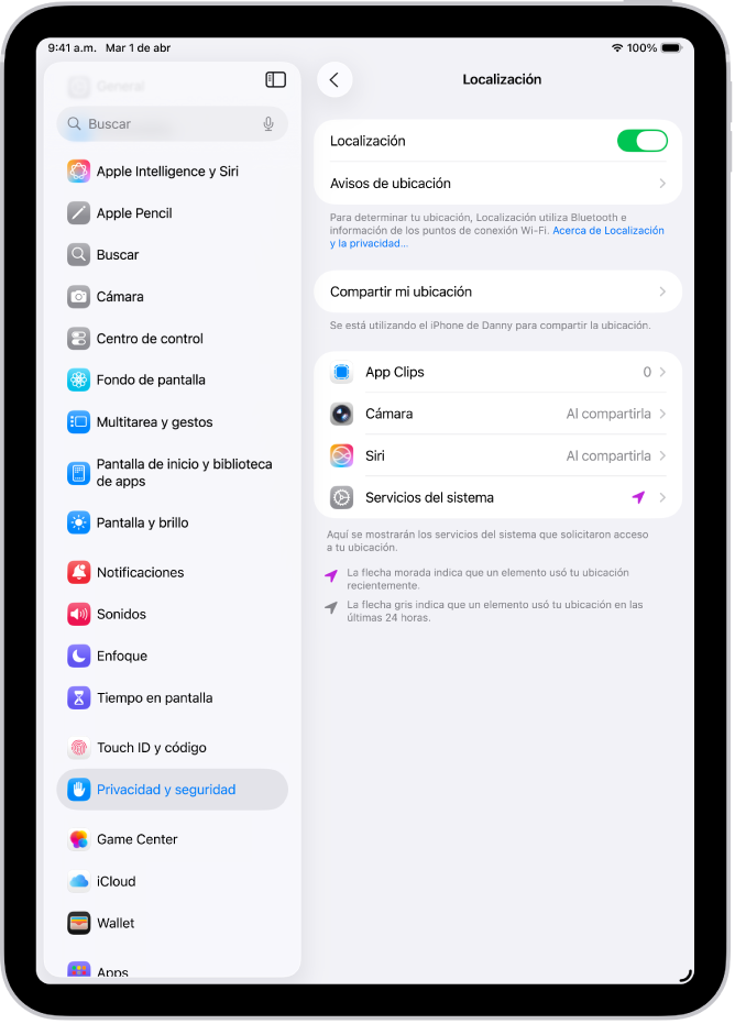 La pantalla Localización con la configuración para compartir la ubicación de tu iPad con las apps.