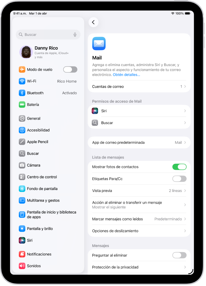 La pantalla de configuración de Mail.