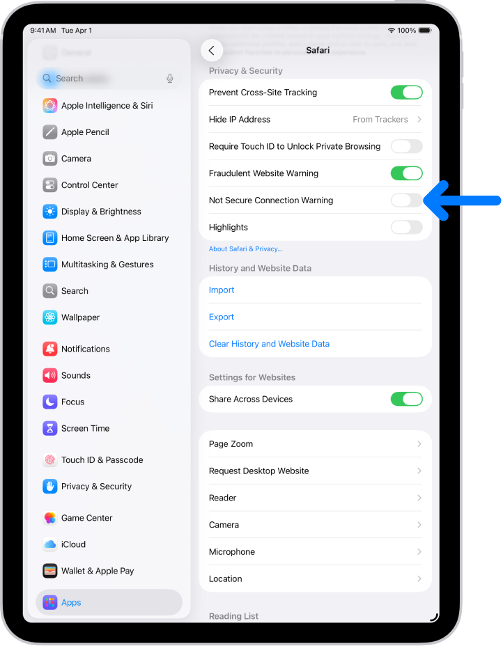 Control “Advertencia de conexión no segura”, situado debajo de “Privacidad y seguridad” en la pantalla Safari de la app Ajustes.