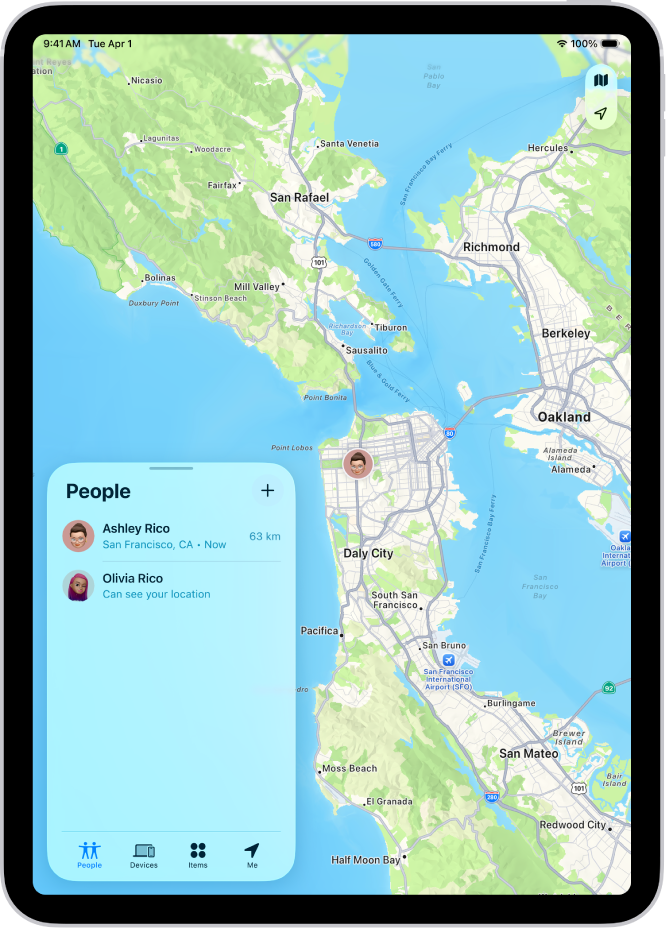 Pantalla Buscar abierta en la lista Personas. Hay cuatro personas en la lista: Alicia Rico, Olivia Rico, Diana Ramírez y Quique Rico. Sus ubicaciones se muestran en un mapa de San Francisco.
