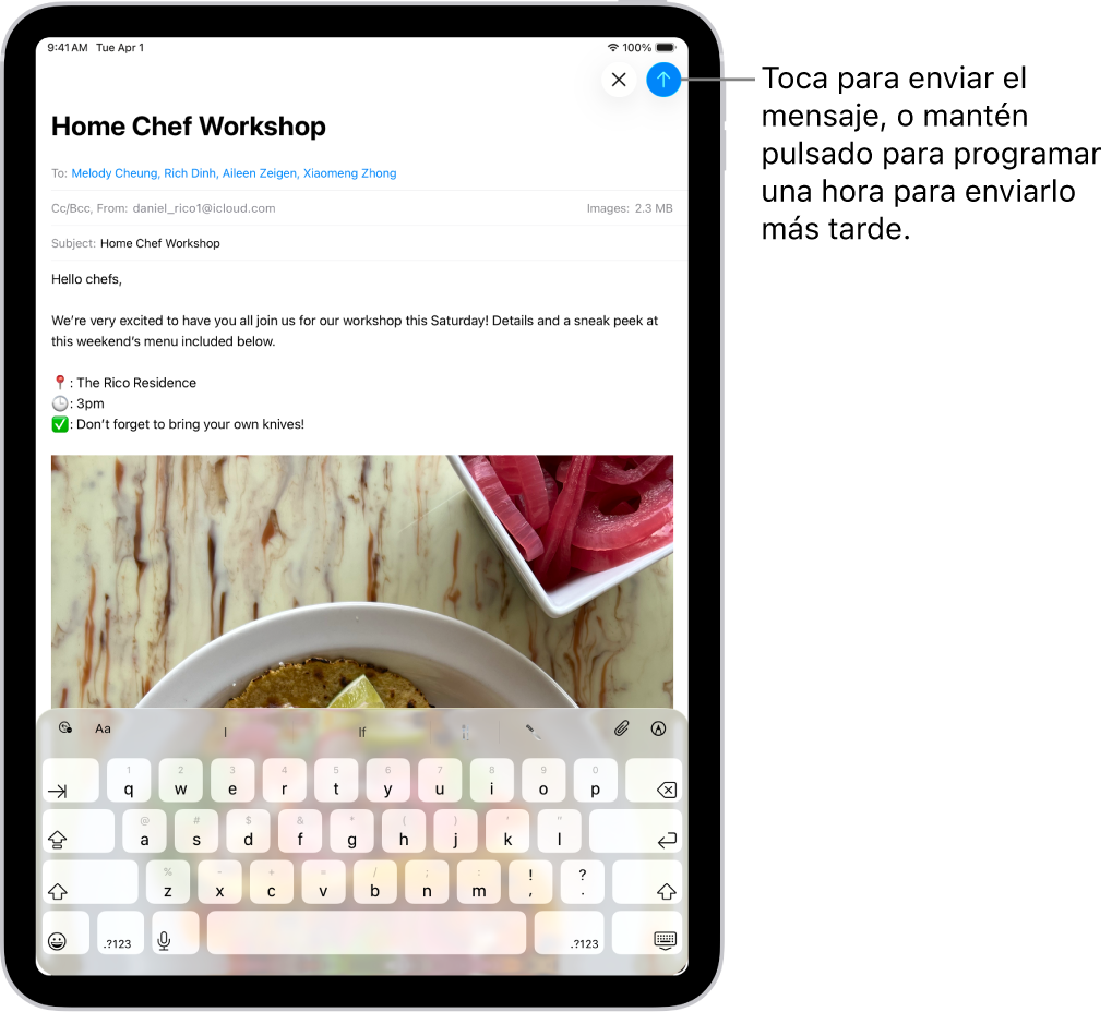 Borrador de correo electrónico abierto en la app Mail. El botón para enviar el mensaje se encuentra en la esquina superior derecha. Toca para enviar el mensaje, o mantén pulsado para programar una hora para enviarlo más tarde.