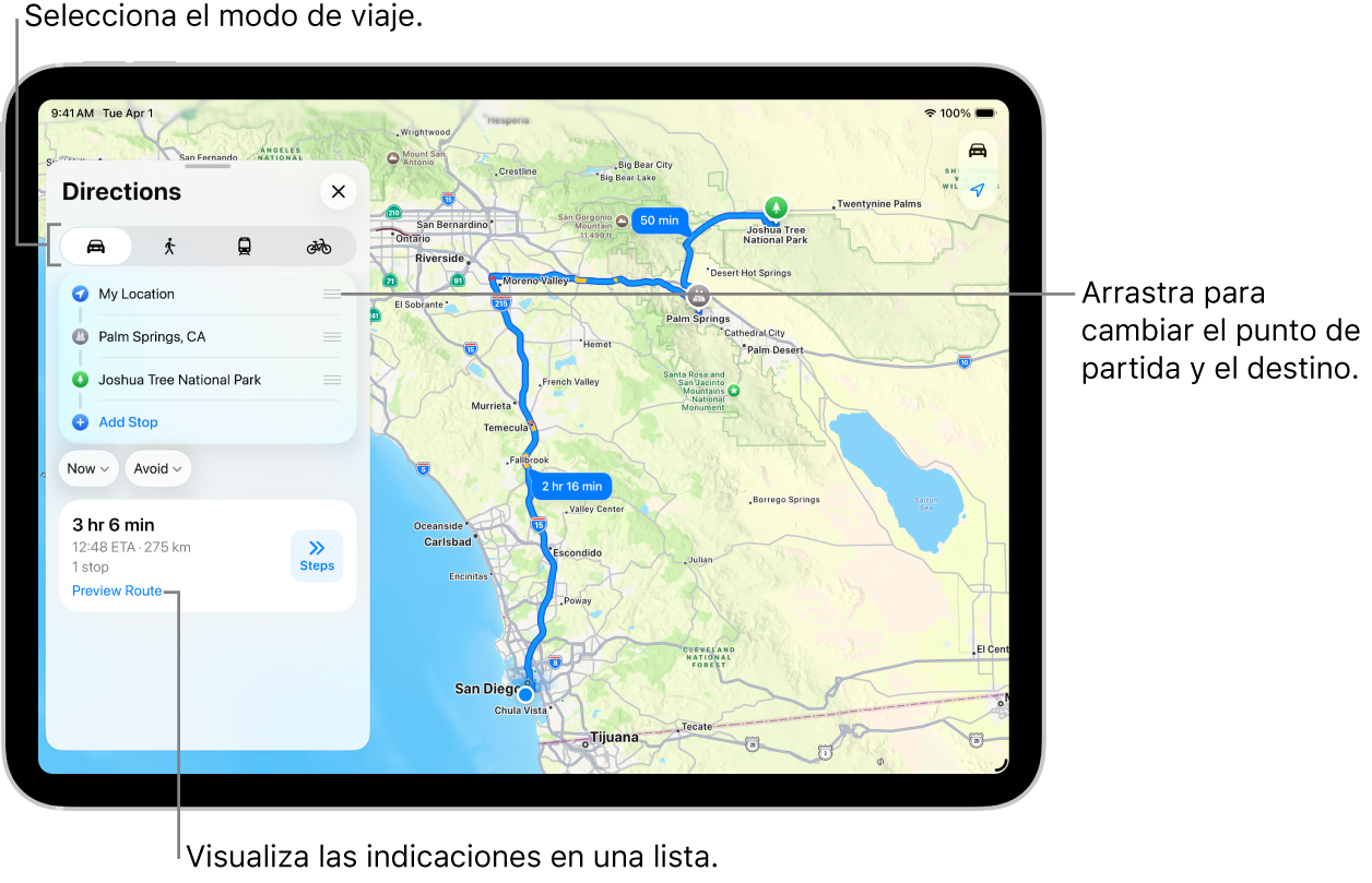 Un mapa con varias rutas posibles para viajar en coche desde “Mi ubicación” hasta un destino.
