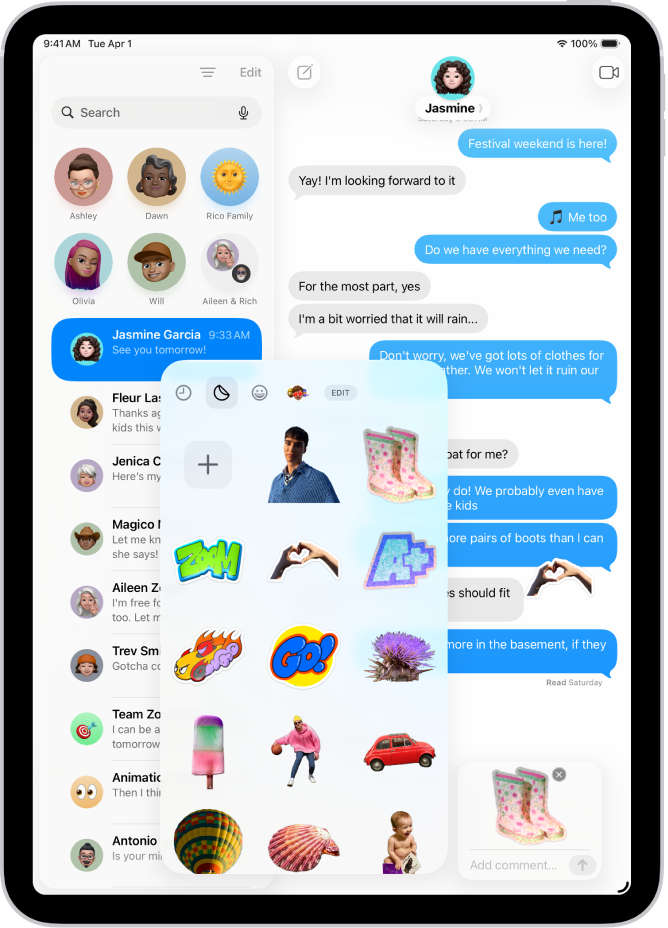 Stickers usados recientemente en la app Mensajes. Cada botón situado a lo largo de la parte superior de la tarjeta abre un paquete de stickers.