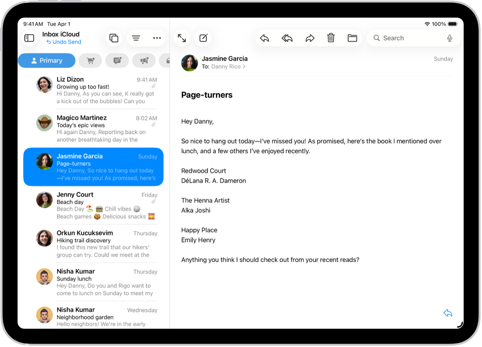 Rakenduse Mail Inbox, kus vasakul on e-kirjade loend ning paremal avatud e-kiri. Kirjade loendi lõpus on nupp Undo Send, mida saab kasutada hiljuti saadetud e-kirja tagasikutsumiseks.