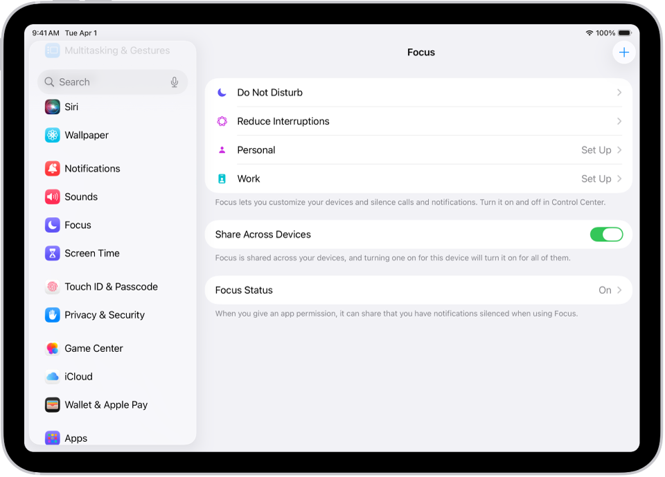 Ekraanil kuvatakse kuut Focuse valikut: Do Not Disturb, Driving, No messages during calls, Sleep, Personal ja Work. Nupp Share Across Devices on sees, mis võimaldab kasutada sama Focuse seadeid kõikides teie Apple'i seadmetes.