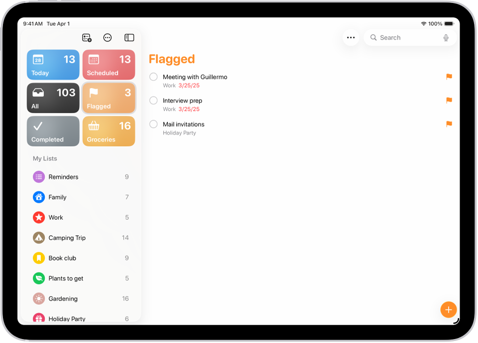 Rakenduse Reminders kuva, kus on tähisega üksustega Smart List-loend.