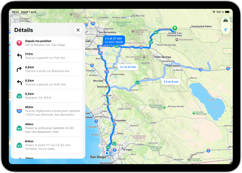 Plan affichant trois options d’itinéraire ainsi qu’une liste détaillée d’étapes pour atteindre une destination en un minimum de changements de direction.