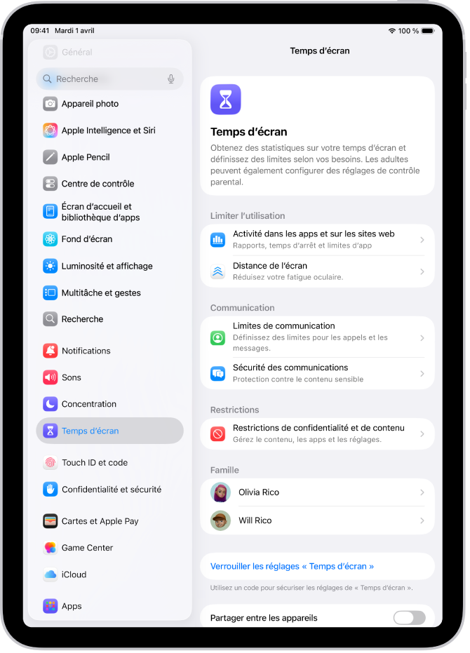 L’écran pour configurer Temps d’écran montrant que vous pouvez toucher Activité dans les apps et sur les sites web pour commencer.