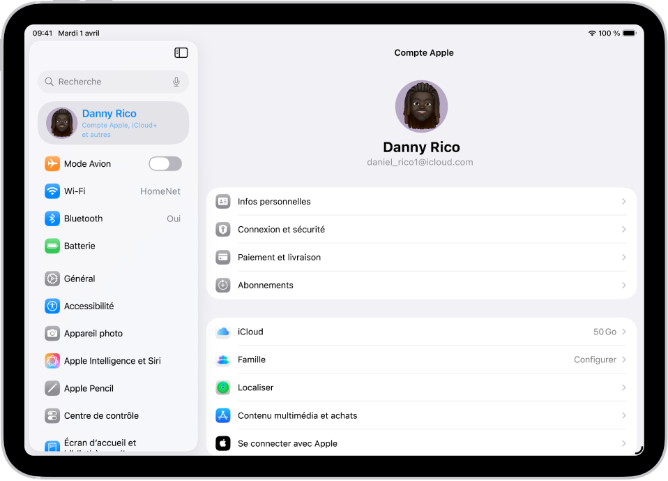 Les réglages « Compte Apple » affichés, avec une liste d’options comprenant des informations personnelles, des abonnements, Localiser, et plus encore.