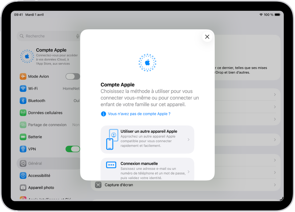 Écran Réglages, avec la zone de dialogue de connexion au compte Apple au milieu de l’écran.