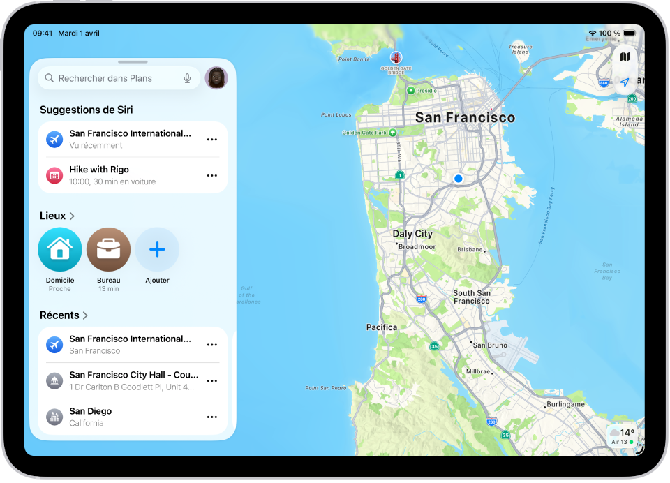 L’app Plans affichant un plan d’une zone. Le champ de recherche est affiché en haut à gauche, et en dessous de celui-ci se trouvent les suggestions de Siri, les lieux épinglés dans Lieux, ainsi que les recherches récentes.