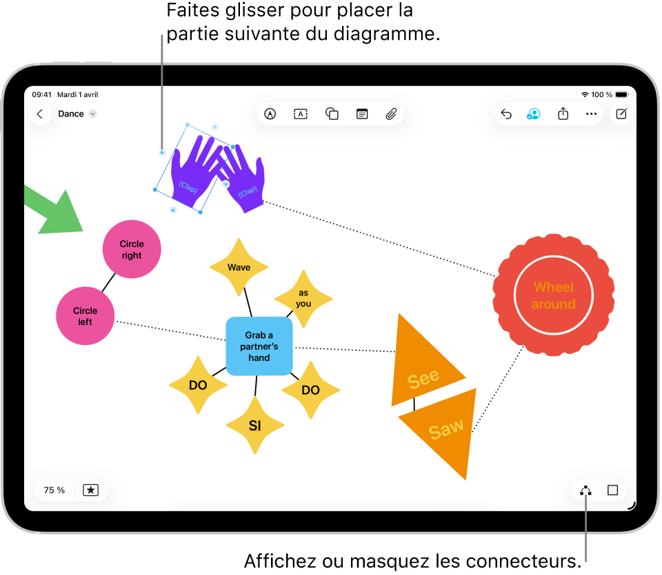 Un diagramme dans un tableau Freeform, avec des connecteurs affichés sur une figure sélectionnée.