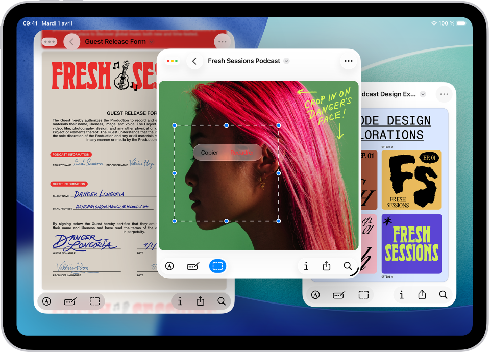 L’iPad avec trois fenêtres de différente taille ouvertes et superposées les unes sur les autres.
