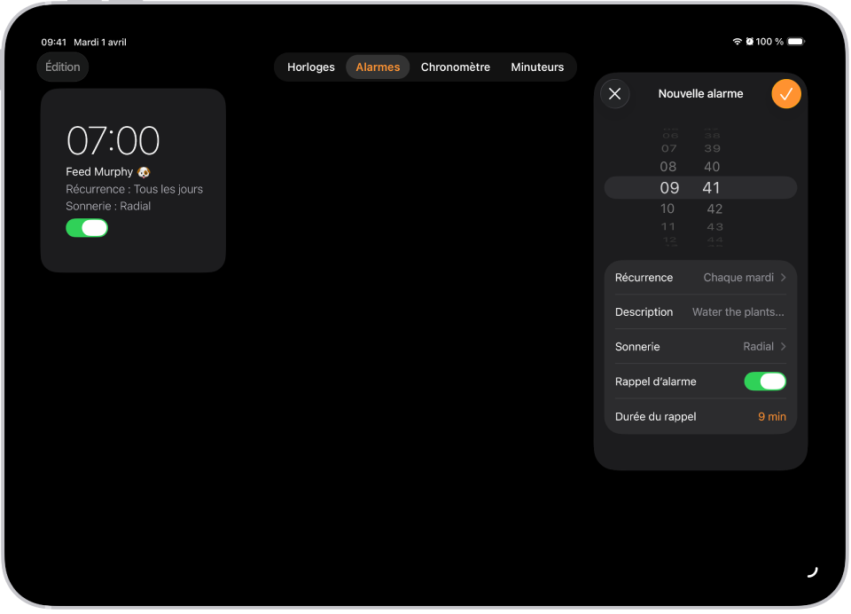 L’onglet Alarmes dans l’app Horloge, avec les réglages pour modifier l’heure de l’alarme, choisir sa récurrence, ajouter une description, sélectionner un son, activer un rappel et modifier la durée du rappel.