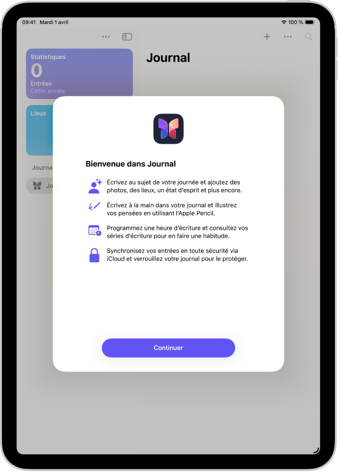 L’écran de bienvenue de l’app Journal.