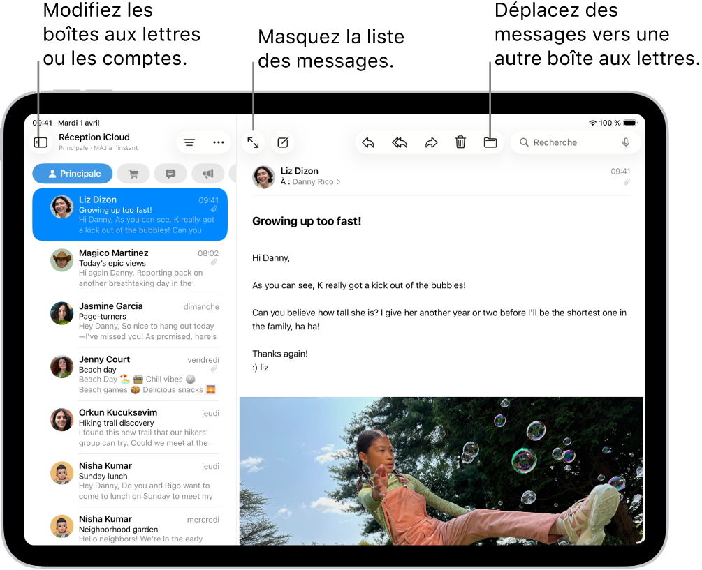 La boîte de réception de Mail avec la liste des e-mails sur la gauche et un e-mail ouvert sur la droite.