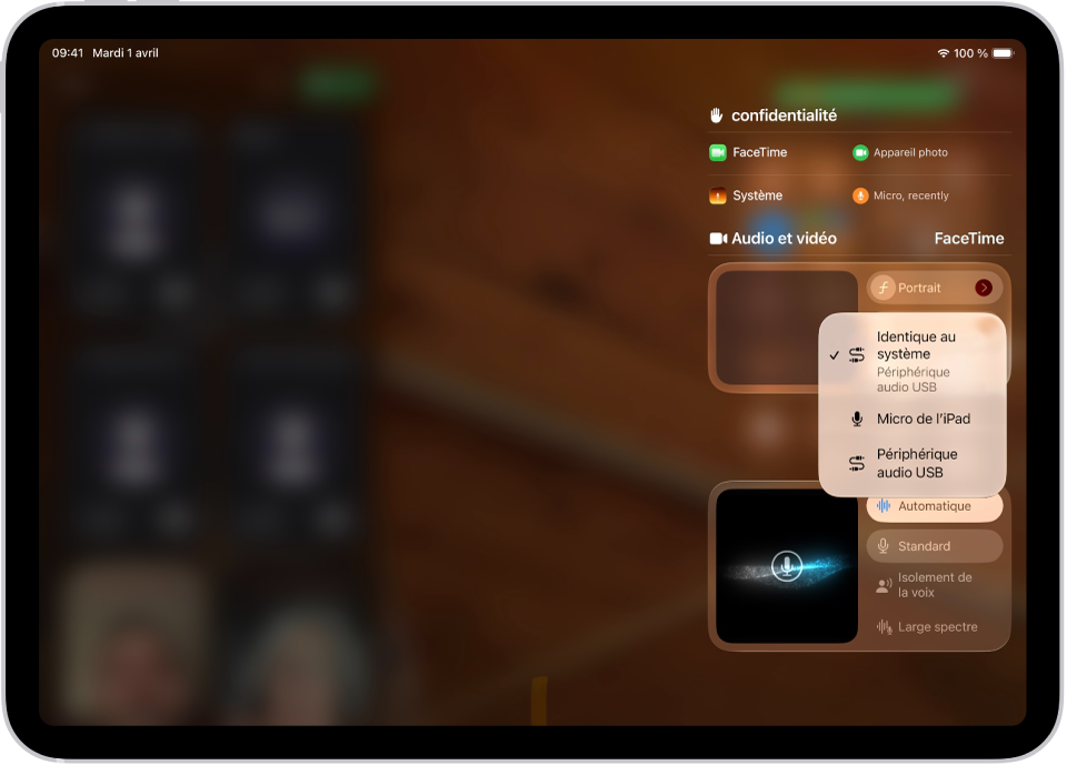 Les commandes permettant de choisir une source audio pour un appel FaceTime.