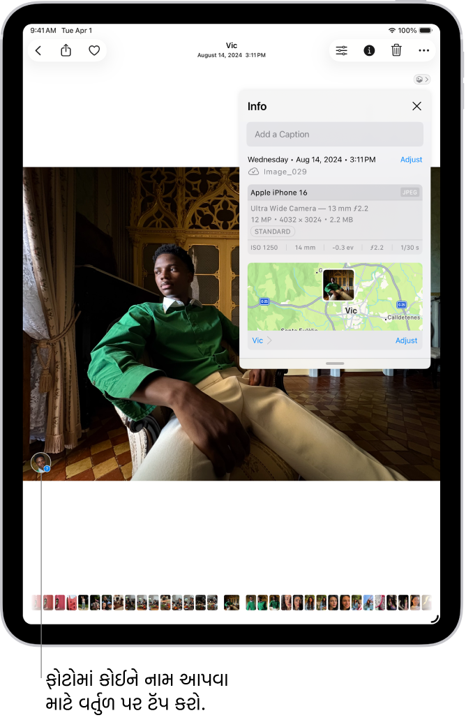 ફોટોસ ઍપમાં ફોટો ખુલ્લો છે. ફોટોની ઉપર મેટાડેટા માહિતી દેખાય છે જેમાં ઉપરથી નીચે ક્રમાનુસાર ફોટો લેવામાં આવ્યો તે તારીખ અને સમય, ફાઇલનું નામ, iPhoneનું મૉડલ અને કૅમેરા સેટિંગ્સ અને જ્યાં ફોટો પાડવામાં આવ્યો હોય તે લોકેશનનો નકશો સામેલ છે.