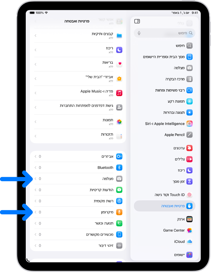 מסך ״פרטיות ואבטחה״ עם הגדרות לקביעה אם יישומים יוכלו להשתמש במצלמה, במיקרופון ובחלקים אחרים של ה-iPad.
