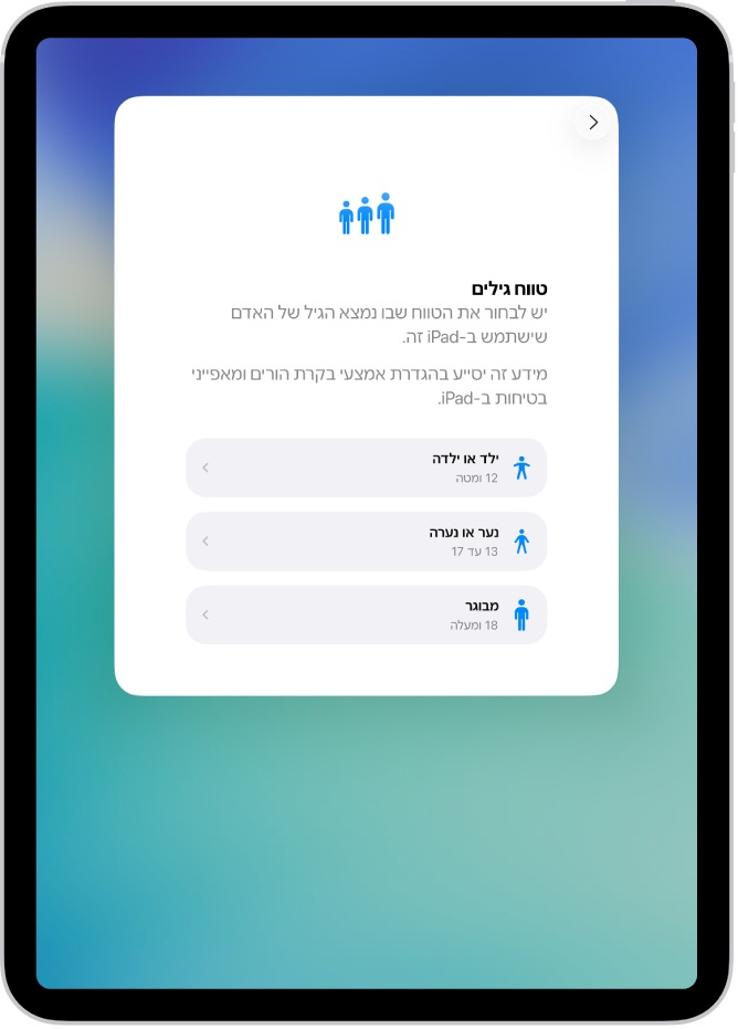 מסך הגדרת טווח הגיל. מופיעים שלושה טווחי גיל: ילדים (גיל 12 או פחות), בני עשרה (13‏-17), ובוגרים (18 ומעלה).