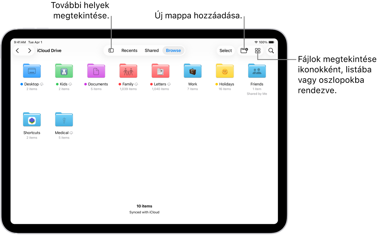 A Fájlok app, amelyben többféle mappa és helyzet található (pl. Letöltések, Levelek, Család stb.). A képernyő alján az Előzmények, a Megosztott fájlok és a Böngészés lap gombjai láthatók.