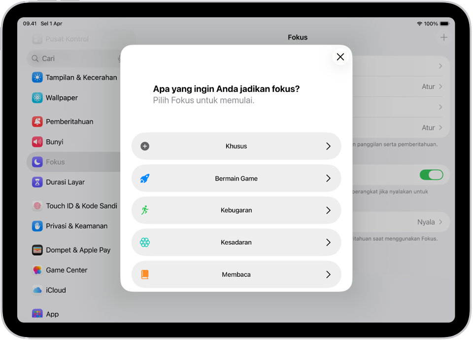 Layar pengaturan Fokus untuk pilihan Fokus tambahan yang disediakan, termasuk Khusus, Kebugaran, Bermain Game, Kesadaran, dan Membaca.