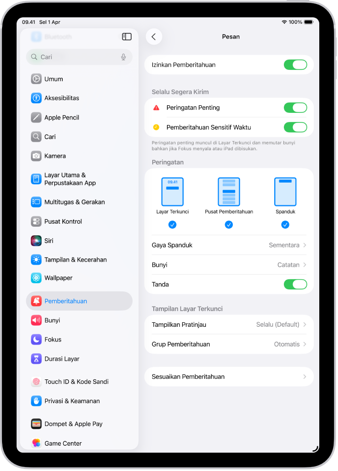 Pengaturan Pemberitahuan Pesan di Pengaturan.