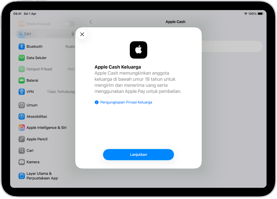 Layar Pengaturan, dengan dialog pengaturan Apple Cash Keluarga di bagian tengah layar.