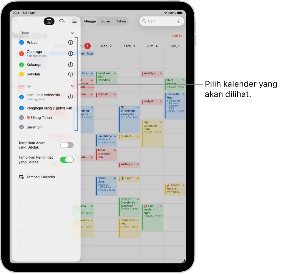 Daftar Kalender, dengan tanda centang yang menunjukkan kalender mana yang aktif. Tombol Selesai untuk menutup daftar berada di pojok kanan atas. Tombol Tambah Kalender ada di pojok kiri bawah.