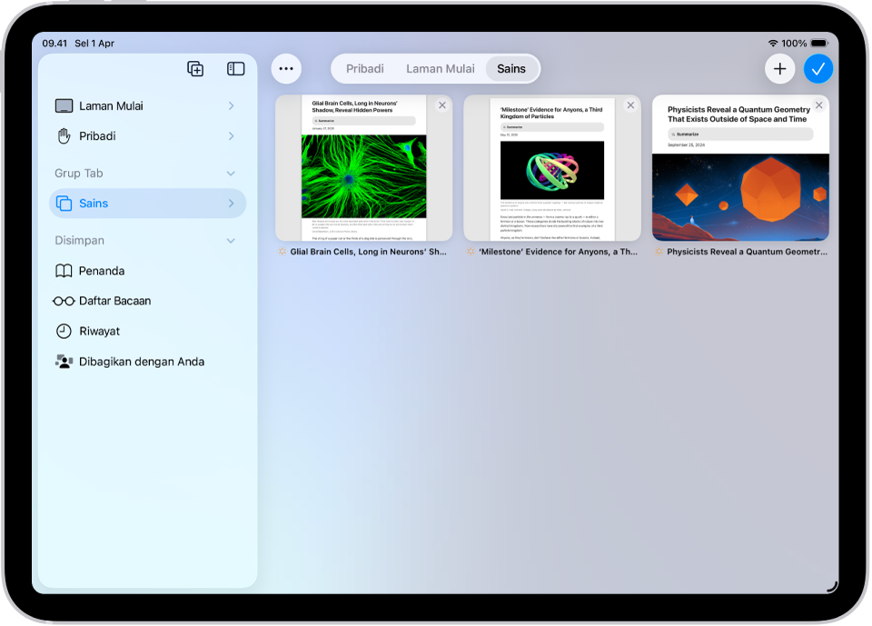 Di Safari, Grup Tab untuk Sains dipilih, dengan pratinjau tiga tabnya yang terbuka terlihat.