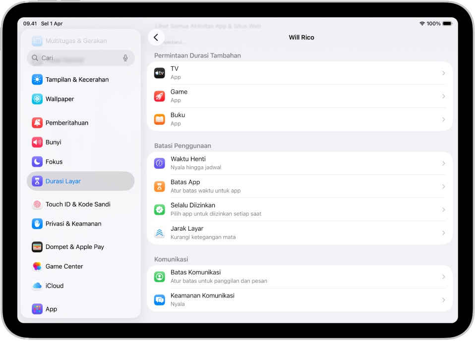 Layar untuk anak di grup Keluarga Berbagi, yang menampilkan bagian untuk Permintaan Durasi Tambahan.